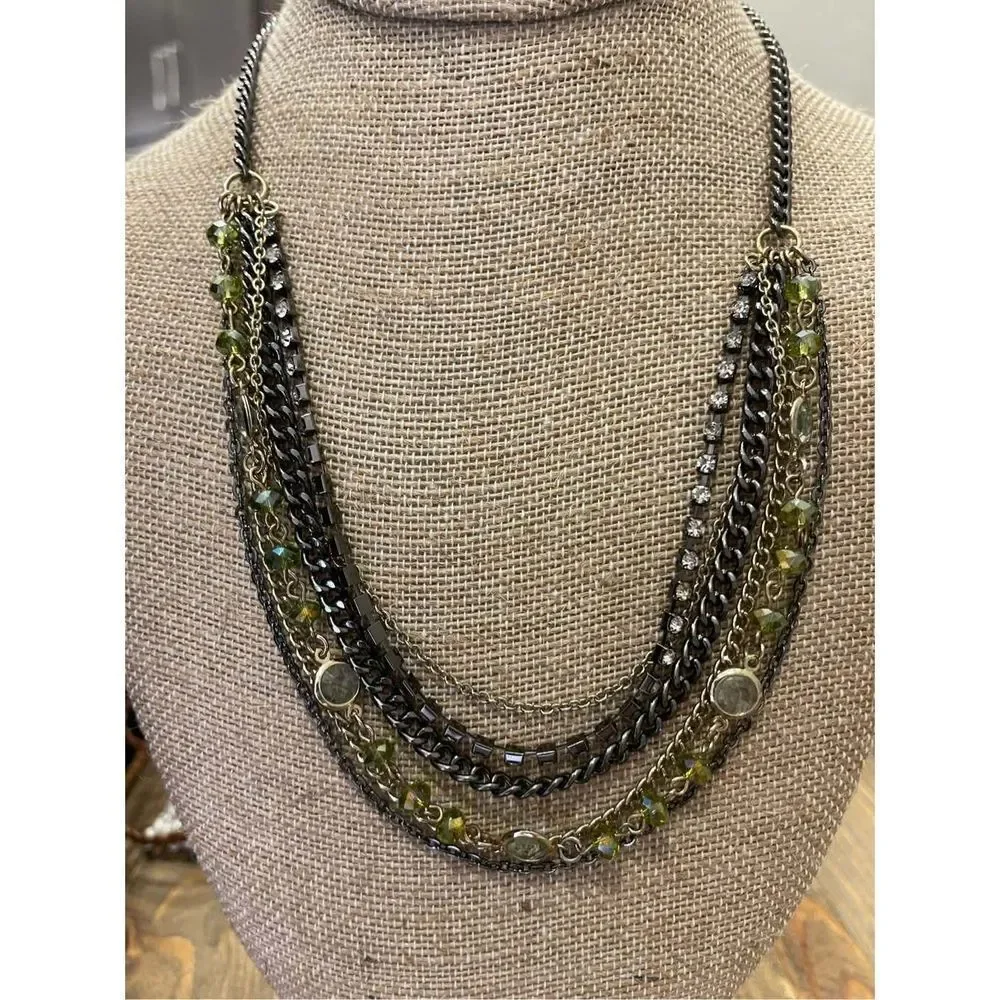 Multi chain multi strand necklace multi tone rhinestones